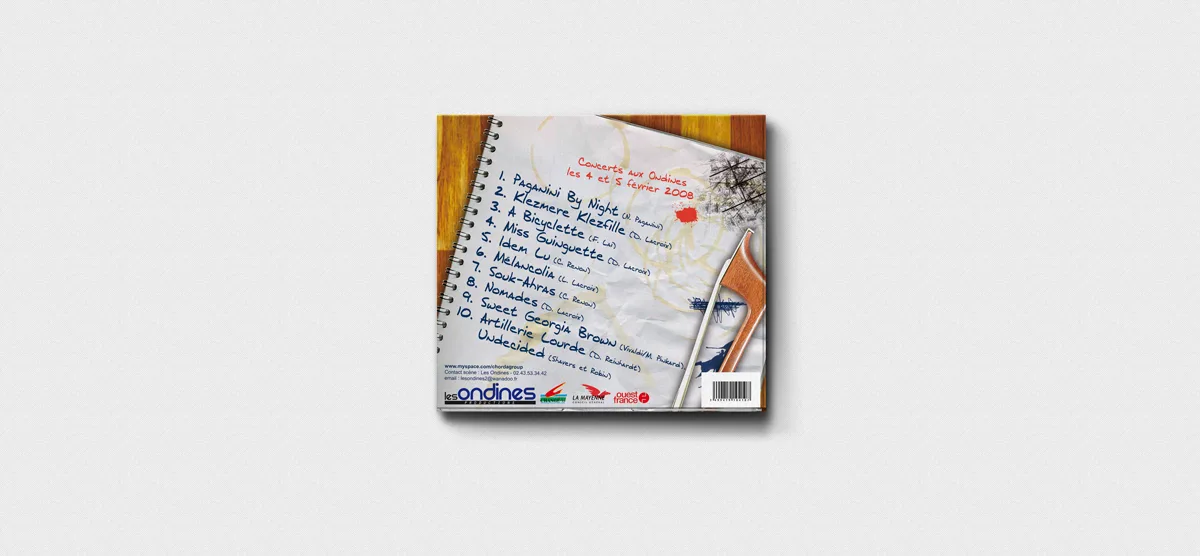Pochette de l’album live 'Chorda' – Design graphique et dessins à la main pour le groupe de Swing Manouche, enregistré aux Ondines à Changé, photo Ludovic Rousset Penglaou.