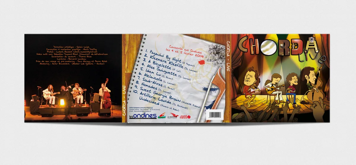 Pochette de l’album live 'Chorda' – Design graphique et dessins à la main pour le groupe de Swing Manouche, enregistré aux Ondines à Changé, photo Ludovic Rousset Penglaou.