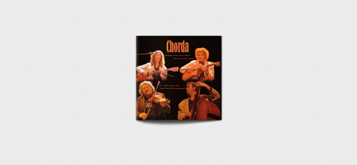 Pochette de l’album live 'Chorda' – Design graphique et dessins à la main pour le groupe de Swing Manouche, enregistré aux Ondines à Changé, photo Ludovic Rousset Penglaou.