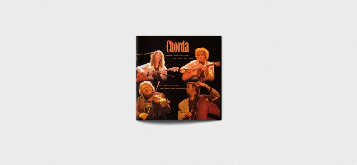 Pochette de l’album live 'Chorda' – Design graphique et dessins à la main pour le groupe de Swing Manouche, enregistré aux Ondines à Changé, photo Ludovic Rousset Penglaou.